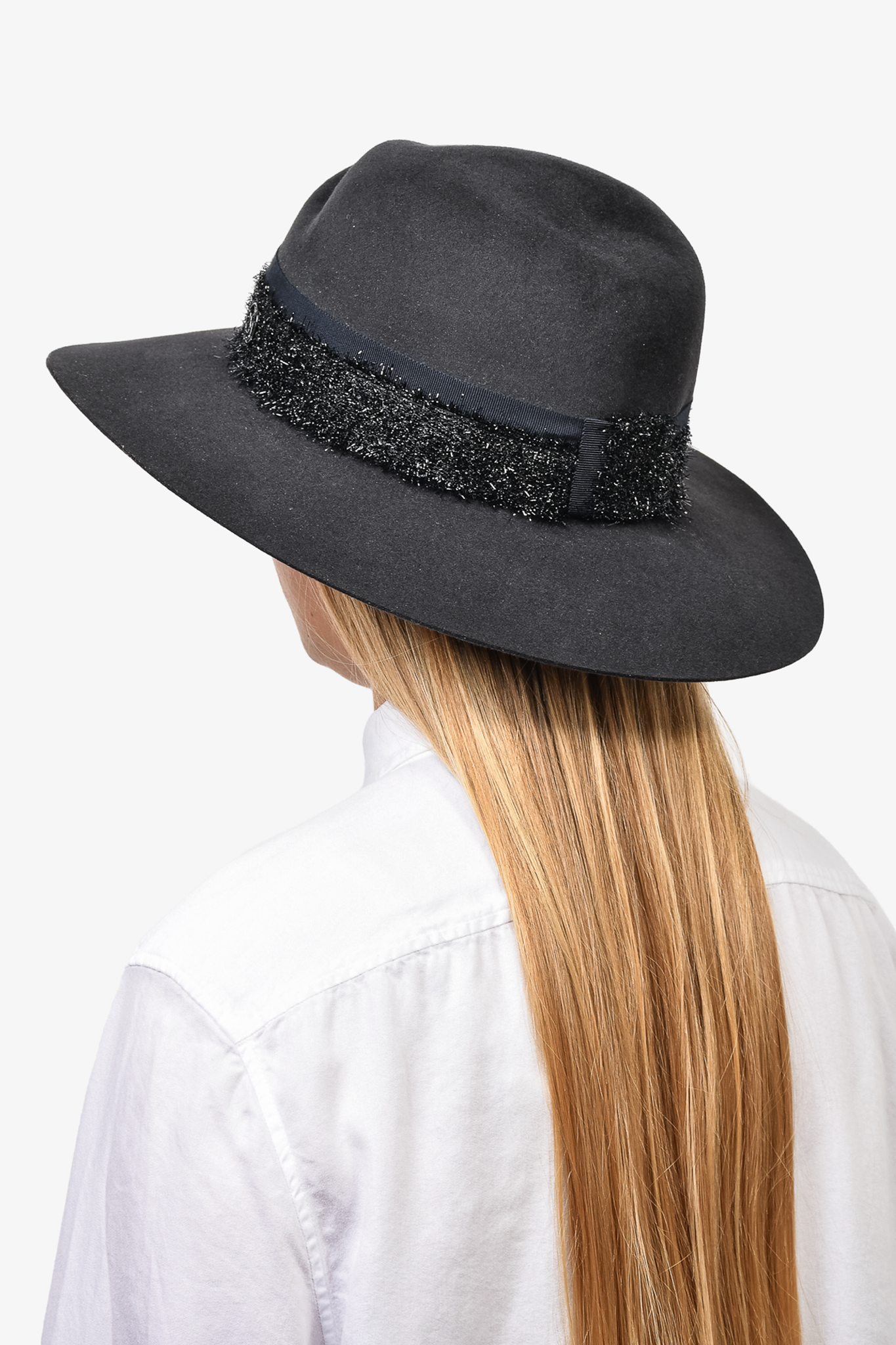 Maison Michel Paris Black Wool Fedora with Black Tinsel Trim Size M