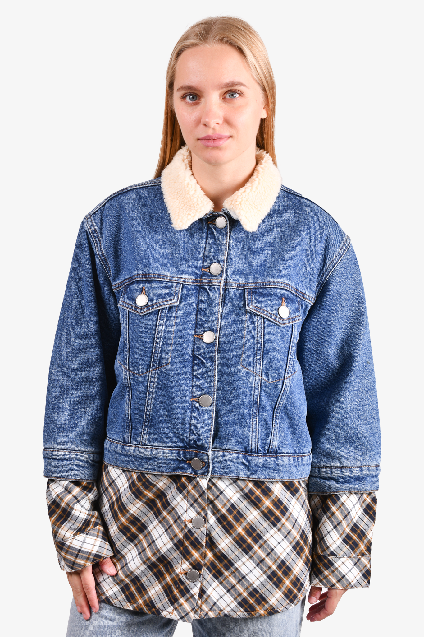 Plaid on sale shearling jacket