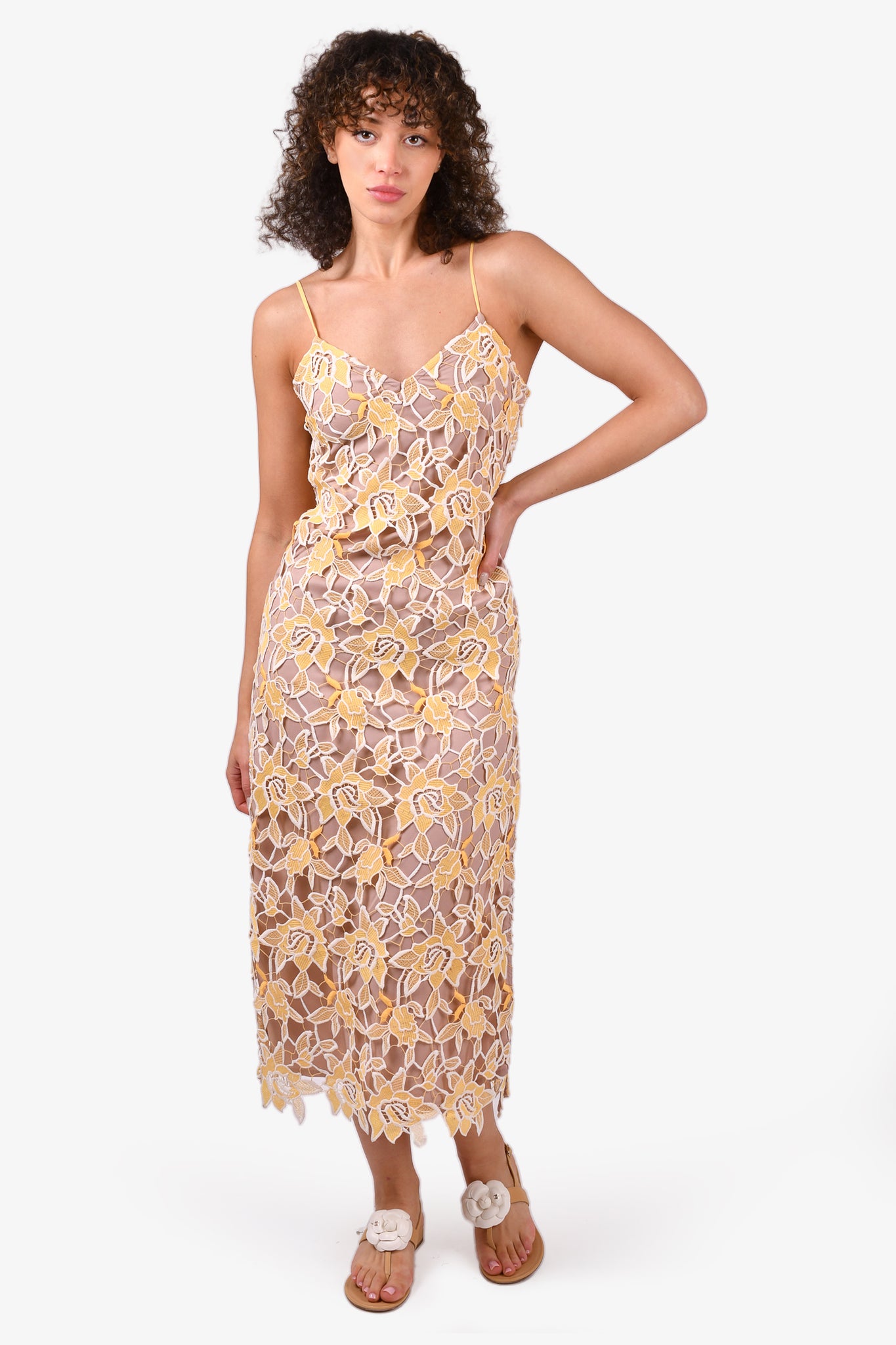NBD Yellow/White Floral Eyelet Overlay Lace Dress Midi Dress Size XS – Mine  & Yours