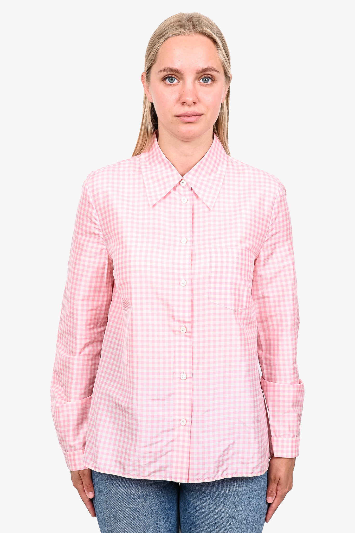 pink checkered button down shirt