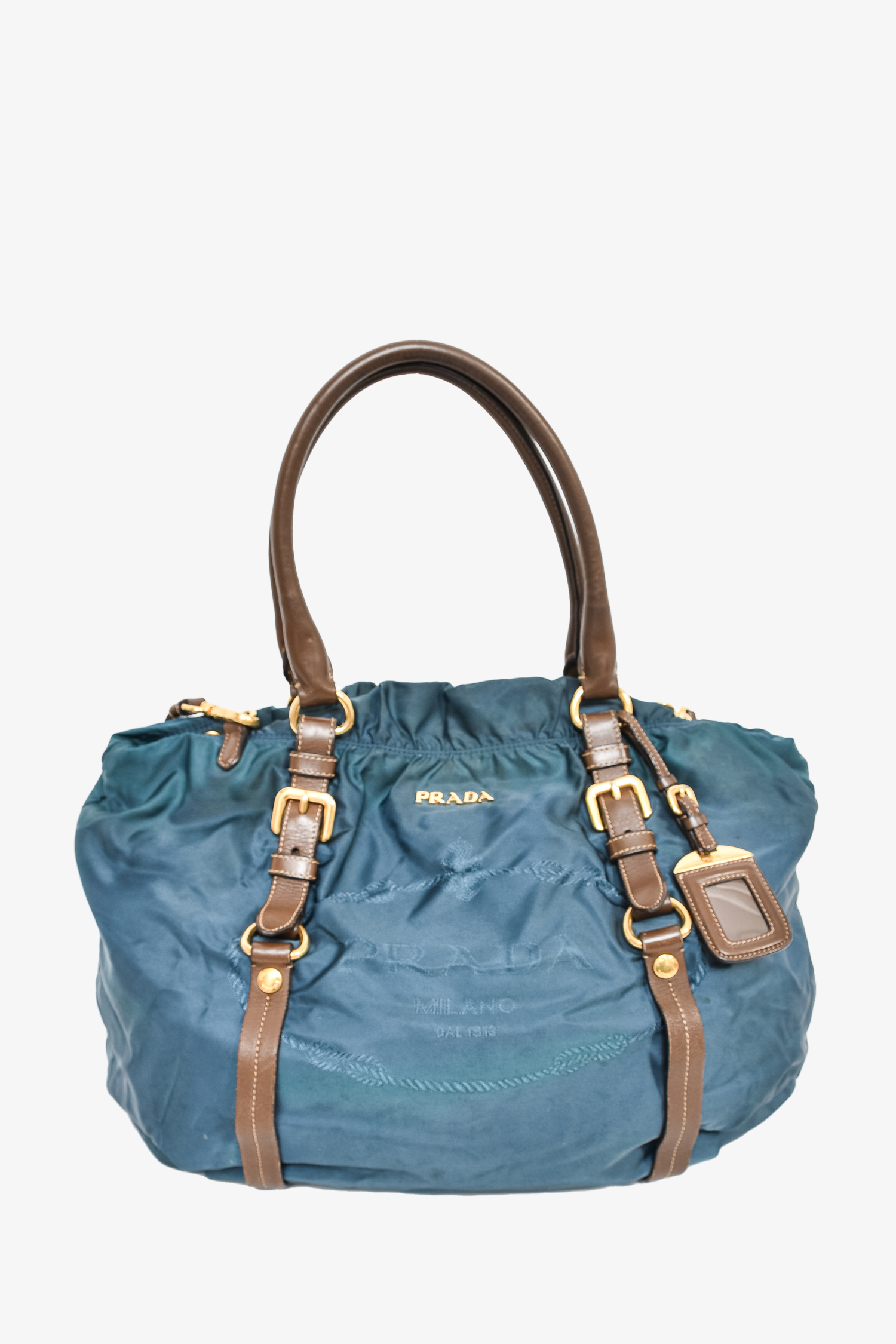 Prada Teal Nylon/Brown Leather Trim Large Top Handle with Strap