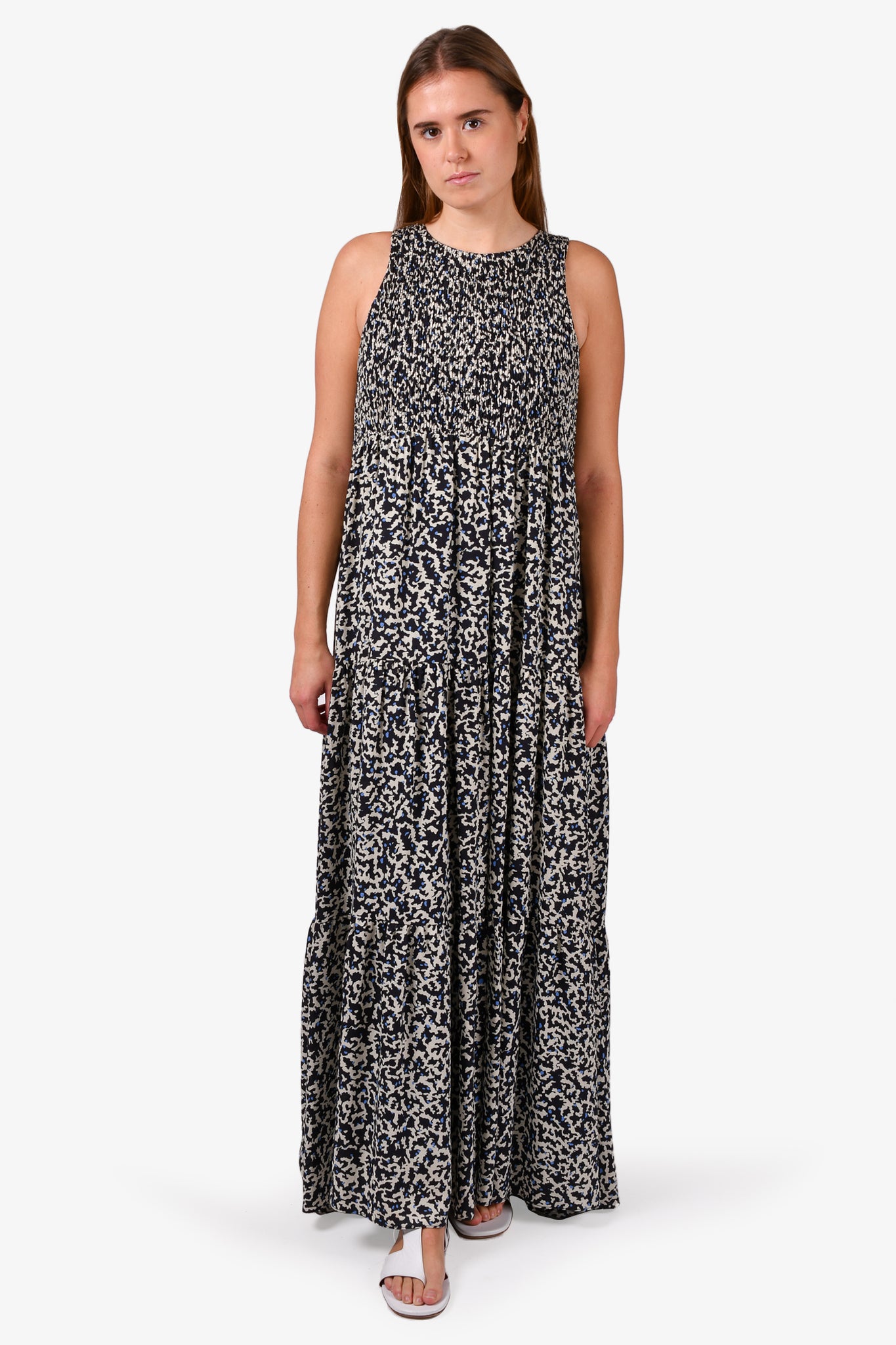 Proenza Schouler Navy Blue Cream Printed Silk Sleeveless Maxi