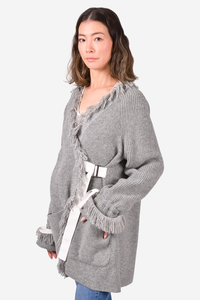 Sacai Grey Wool Knit Fringe Wrap Cardigan with White Ribbon Tie