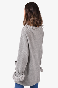 Sacai Grey Wool Knit Fringe Wrap Cardigan with White Ribbon Tie