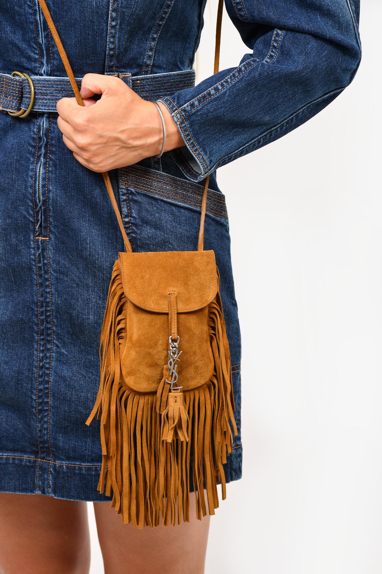 Saint Laurent Brown Suede Fringe YSL Toy Anita Crossbody Mine Yours