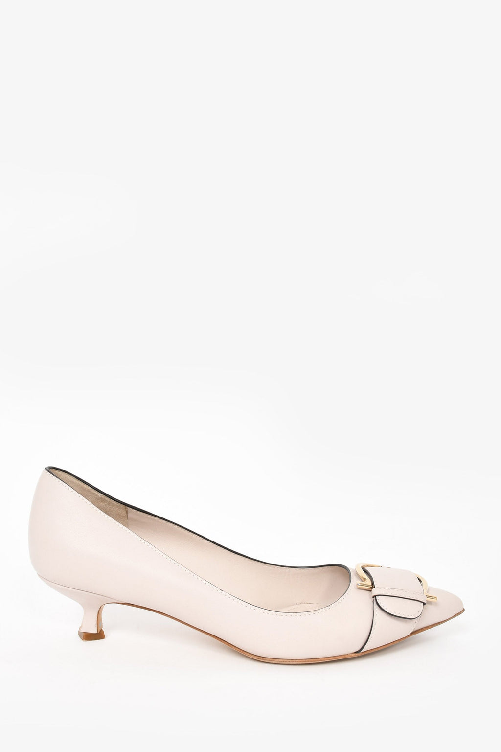 Salvatore Ferragamo Blush Leather Buckle Kitten Heels Size 8 – Mine & Yours