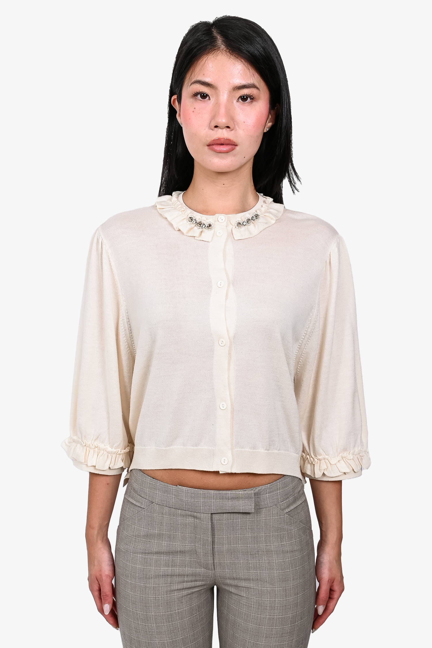 Simone Rocha Cream Wool/Silk Knit Cardigan with Stud/Pearl Collar