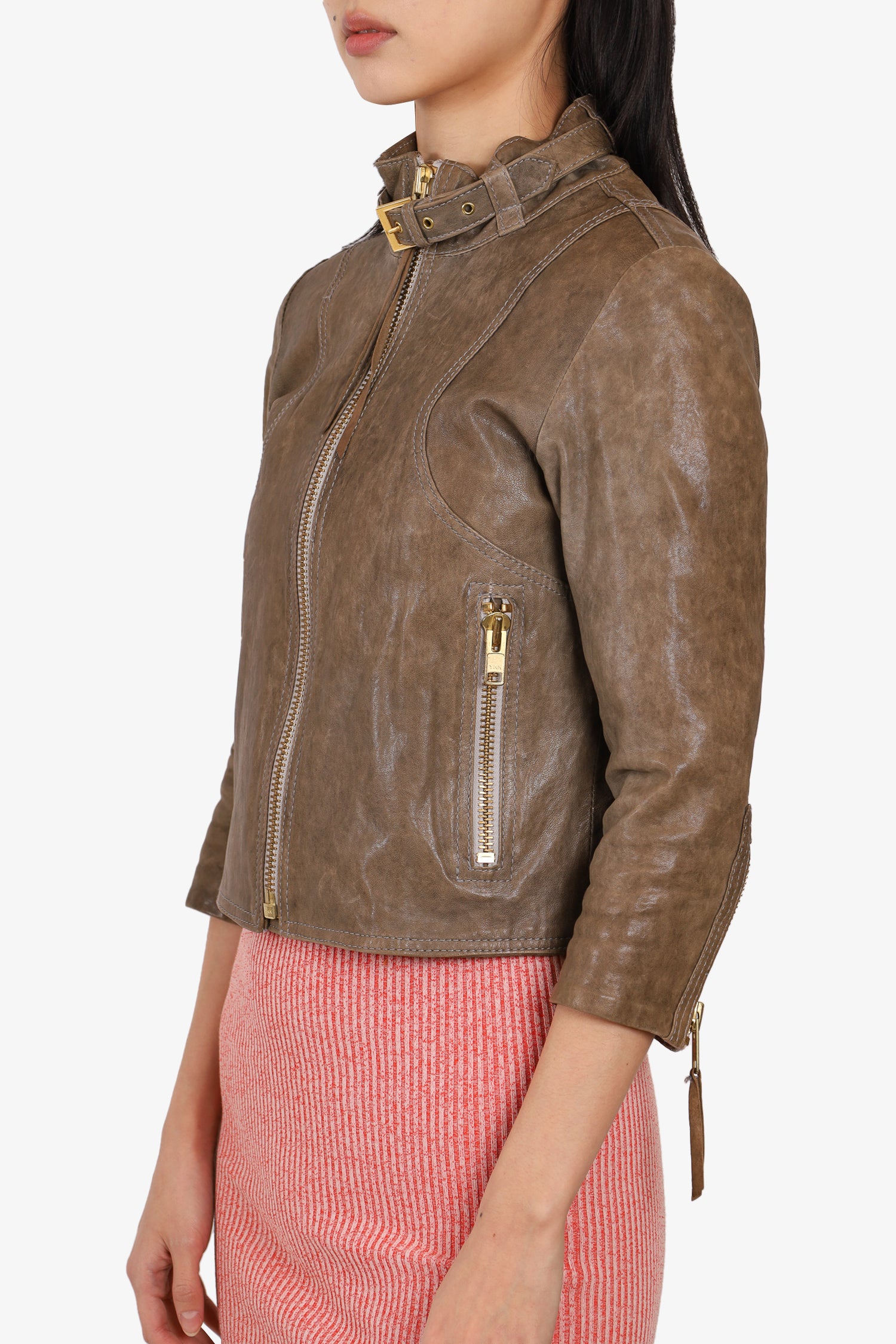 Smythe Taupe Leather Motorcycle Jacket with Neck Buckle Size 6 Mine Yours