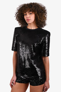 The Attico Black Sequin Padded Shoulder Top Size 38