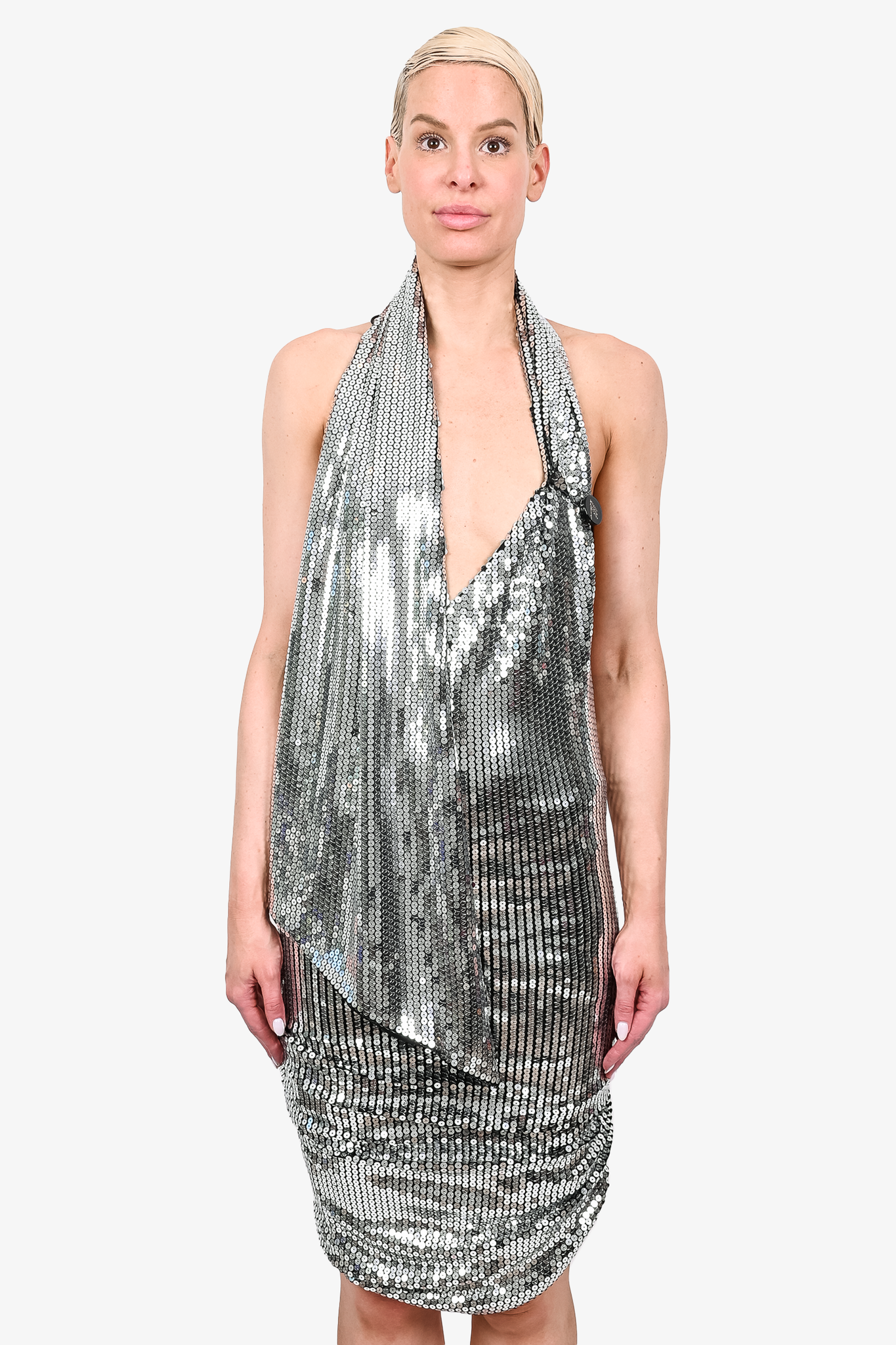 The Attico Silver Sequin One Shoulder Maxi Dress Size 36 Mine