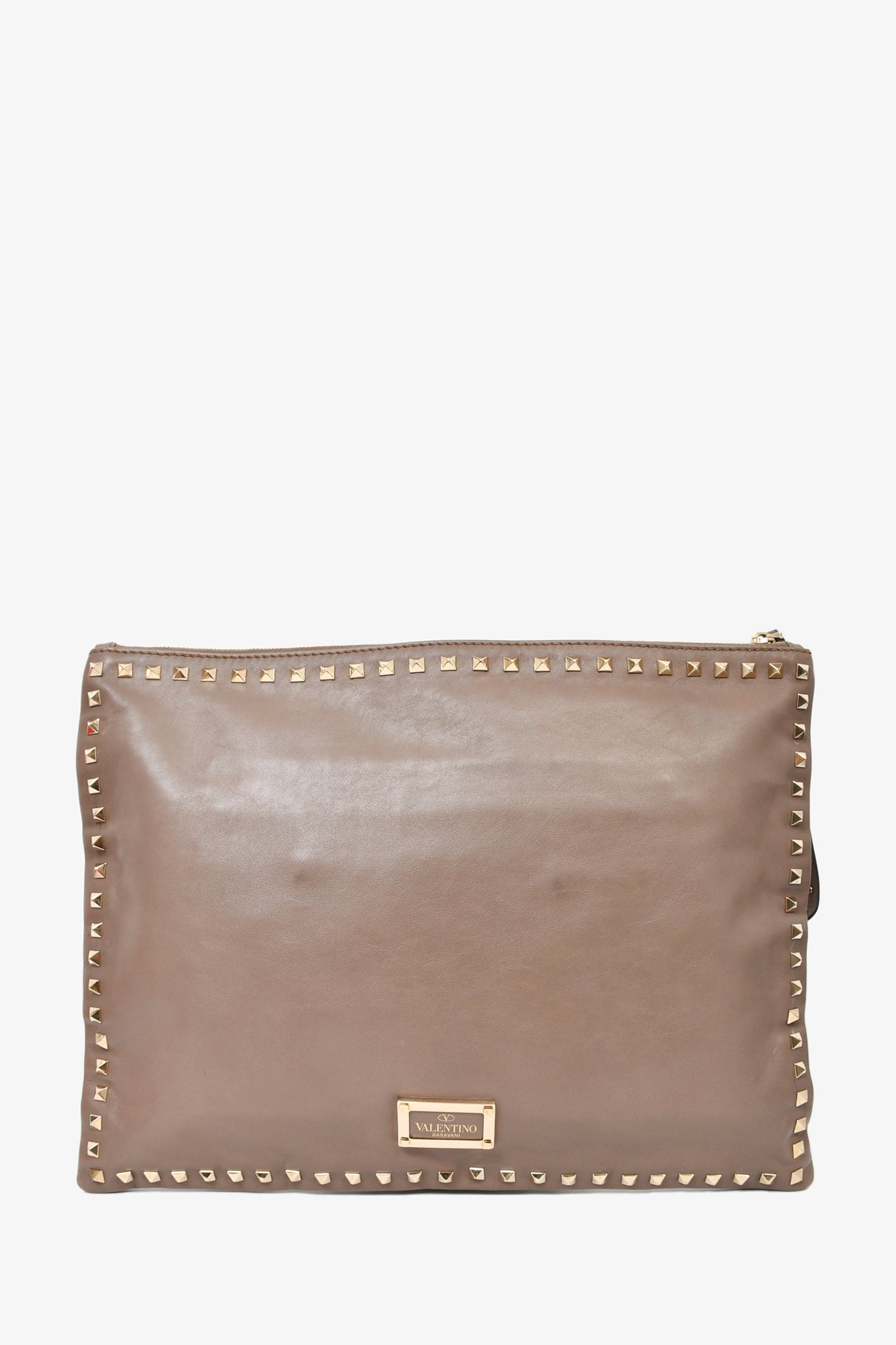 Valentino Taupe Leather Large Rockstud Pouch Mine Yours