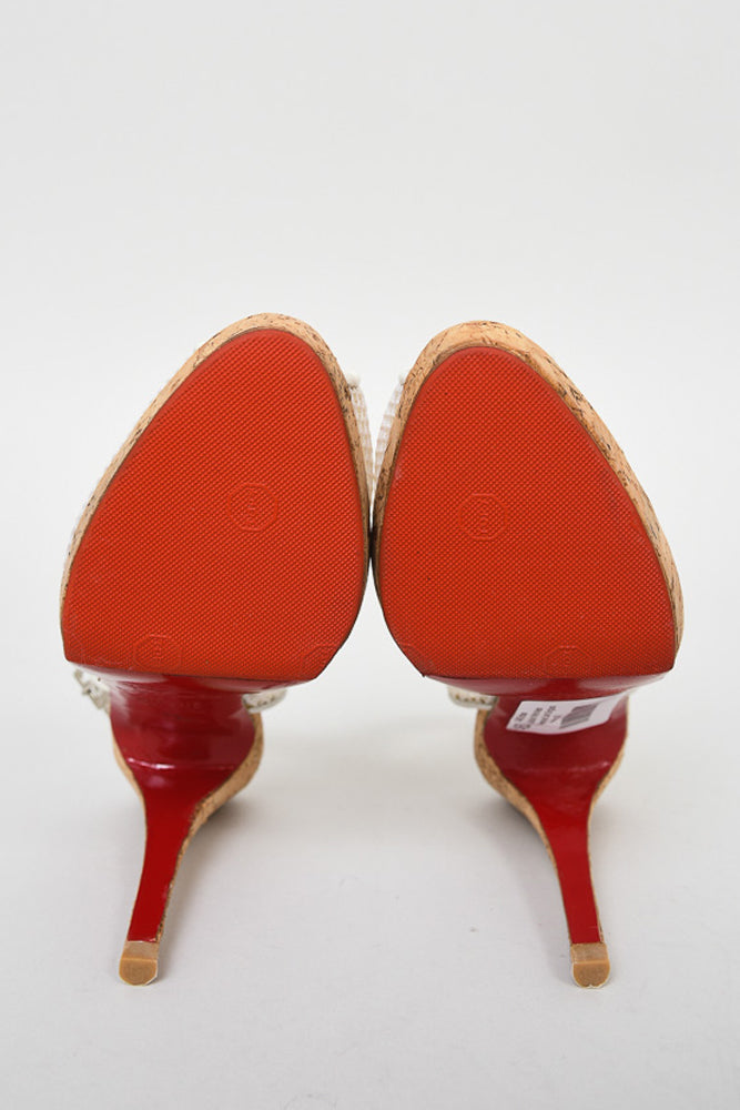 Christian Louboutin White Mesh Peep-toe Cork Slingback Heels Size 35