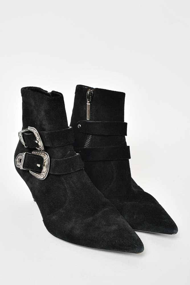 Saint Laurent Black Suede Silver Buckle Kitten Heel Boots Size 39 Mine Yours