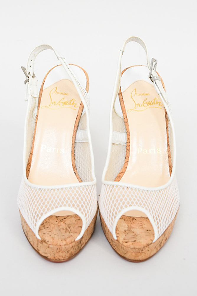 Christian Louboutin White Mesh Peep-toe Cork Slingback Heels Size 35